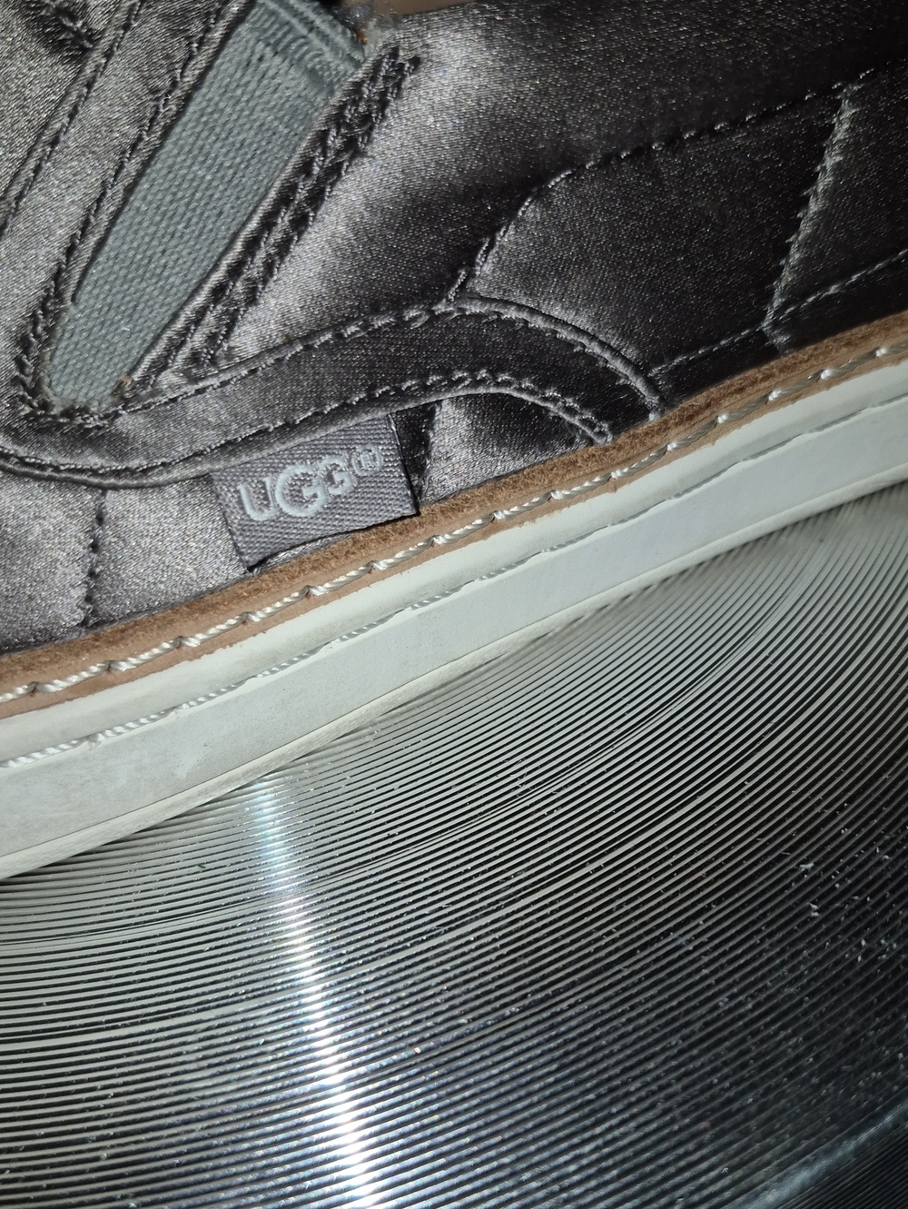 UGG "Soleda": Satin quilted slip-on sneakers. , Silver Grey color.EC(#1856S) - Picture 3 of 16
